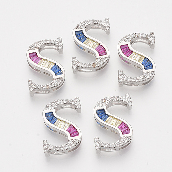 Brass Cubic Zirconia Slide Charms, Real Platinum Plated, Colorful, Letter, Letter.S, 18x13x4.5mm, Hole: 1x2.5mm and 1x6mm