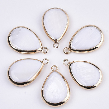 Natural Freshwater Shell Pendants, with Golden Plated Brass Open Back Settings, Teardrop, Seashell Color, 23x15x4mm, Hole: 1.8mm