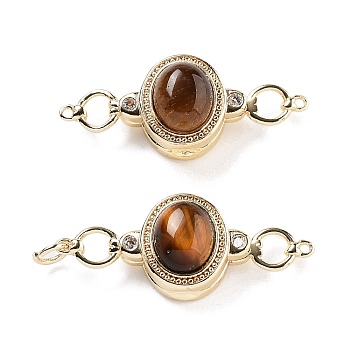 Brass Magnetic Clasps, with Natural Tiger Eye, Oval, Saddle Brown, Real 18K Gold Plated, 34x13.5x9.5mm, Hole: 1.1mm