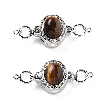 Brass Magnetic Clasps, with Natural Tiger Eye, Oval, Saddle Brown, Platinum, 34x13.5x9.5mm, Hole: 1.1mm