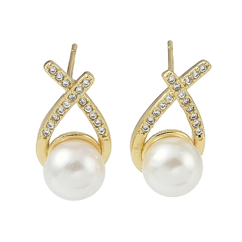 Rack Plating Brass With ABS Imitation Pearl Beads, Cubic Zirconia Stud Earrings, Long-Lasting Plated, Lead Free & Cadmium Free, Teardrop, Real 18K Gold Plated, 18x10mm