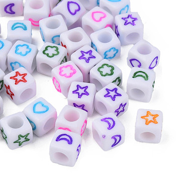 Opaque Acrylic Beads, White Cube with Star & Moon & Heart & Flower, Mixed Color, 6x6x6mm, Hole: 3.5mm, about 2900~3000pcs/500g