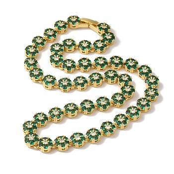 Rack Plating Brass Pave Cubic Zirconia Flower Link Necklaces for Women, Cadmium Free & Lead Free, Long-Lasting Plated, Real 18K Gold Plated, Green, 16.26 inch(413mm)