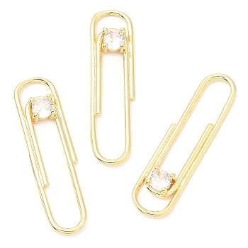 Rack Plating Brass Micro Pave Cubic Zirconia Pendants, Long-Lasting Plated, Lead Free & Cadmium Free, Paper Clip, Real 18K Gold Plated, 32x8x3mm, Hole: 5.5x3mm