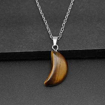 Moon Natural Tiger Eye Pendant Necklaces, with Platinum Alloy Cable Chains, 19.69 inch(50cm)