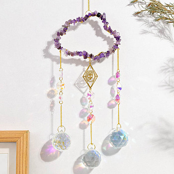 Natural Amethyst Copper Wire Wrapped Cloud Hanging Ornaments, Teardrop Glass Tassel Suncatchers for Home Outdoor Decoration, 420mm