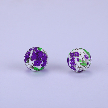 Printed Round with Flower Pattern Silicone Focal Beads, Purple, 15x15mm, Hole: 2mm