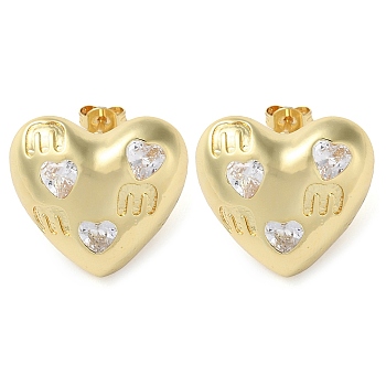 Heart Brass Micro Pave Clear Cubic Zirconia Stud Earrings, Long-Lasting Plated, Lead Free & Cadmium Free, Real 18K Gold Plated, 19.5x21mm