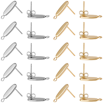 40Pcs 2 Colors 201 Stainless Steel Oval Stud Earring Findings, with 304 Stainless Steel Pins & with Horizontal Loops, Mixed Color, 16x4.5x1.4mm, Hole: 1.6mm, Pin: 0.7mm, 20pcs/color