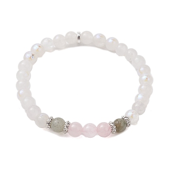 6.5mm Round Natural Labradorite & Rose Quartz & Electroplated White Moonstone Beaded Stretch Bracelets for Women Men, Inner Diameter: 2-1/4 inch(5.6cm)