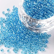 Glass Seed Beads, Trans. Colours Lustered, Round, Light Blue, 2mm, Hole: 1mm, 3333pcs/50g, 50g/bag, 18bags/2pounds(SEED-US0003-2mm-103B)