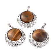 Natural Tiger Eye Pendants with Hollow Platinum Brass Findings, Flat Round, 33.5x30x6mm, Hole: 8x5mm(G-P448-A15-P)