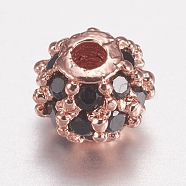 Brass Micro Pave Cubic Zirconia Beads, Round, Black, Rose Gold, 4mm, Hole: 0.5mm(ZIRC-E143-17RG-B)
