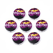 Halloween Printed Natural Wood Beads, Flat Round with Word Welcome, Purple, 19~20x5.9mm, Hole: 2~2.2mm(WOOD-T021-63)