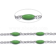Handmade Enamel Beaded Chains, with Stainless Steel Curb Chains and Spool, Soldered, Stainless Steel Color, Lime Green, 1.5x1x0.1mm, about 32.8 Feet(10m)/roll(CHS-I007-06P-08)