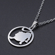201 Stainless Steel Pendants Necklaces, with Cable Chains and Lobster Claw Clasps, Flat Round with Constellation/Zodiac Sign, Leo, 15-3/4 inch(40cm), 1.5mm(NJEW-S105-JN626-5)