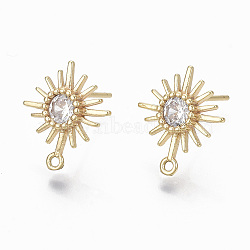 Brass Micro Clear Cubic Zirconia Stud Earring Findings, with Loop, Nickel Free, Sun, Real 18K Gold Plated, 14.5x12.5mm, Hole: 1mm, Pin: 0.7mm(KK-R132-064-NF)