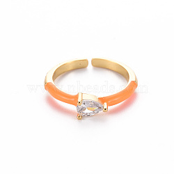 Brass Enamel Cuff Rings, Open Rings, Solitaire Rings, with Clear Cubic Zirconia, Nickel Free, Teardrop, Golden, Dark Orange, US Size 7(17.3mm)(RJEW-T016-27D-NF)