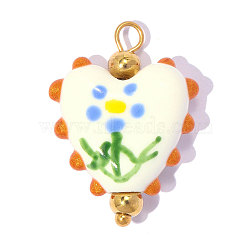 Handmade Porcelain Pendants, with 304 Stainless Steel, Hand Painted, Ion Plating(IP), Heart with Flower Charms, Mirror Polished Finish, Colorful, Real 18K Gold Plated, 24x17mm, Hole: 2.4mm(PR-OY001-09G)
