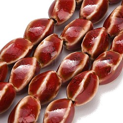 Vintage Handmade Porcelain Beads Strands, Fancy Antique Glazed Porcelain, Twist Oval, Red, 16x9~10x9~10mm, Hole: 1.6mm, about 24pcs/strand, 14.33''(36.4cm)(PR-CBA9CFF-01)