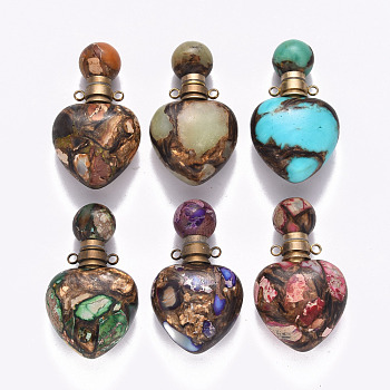 Heart Assembled Natural & Synthetic Mixed Gemstone Openable Perfume Bottle Pendants, with Brass Findings, Dyed, Mixed Color, Capacity: 1ml(0.03 fl. oz), 37.5~38.5x22x13mm, Hole: 1.8mm