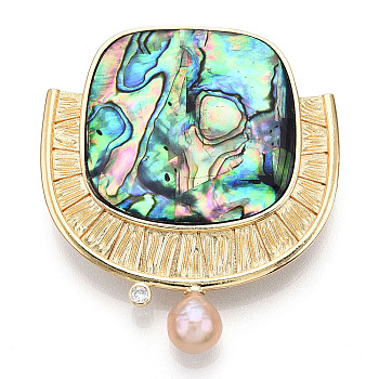 Natural Paua Shell Fan Brooches with Natural Baroque Pearl, Brass Pacve Cubic Zirconia Pins, Real 14K Gold Plated, 50~52x44.5x10.5mm