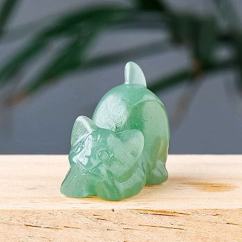 Natural Green Aventurine Carved Healing Cat Figurines, Reiki Energy Stone Display Decorations, 30x25mm