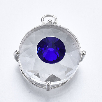 Transparent Faceted Glass Pendants, with Brass Prong Settings, Flat Round with Eye, Platinum, Clear, 19x16x10mm, Hole: 1.8mm