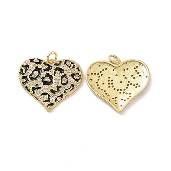 Heart with Leopard Print Pattern Brass Micro Pave Clear Cubic Zirconia Charms, with Jump Rings and Enamel, Cadmium Free & Nickel Free & Lead Free, Real 18K Gold Plated, 21.5x24x2.5mm, Hole: 3mm