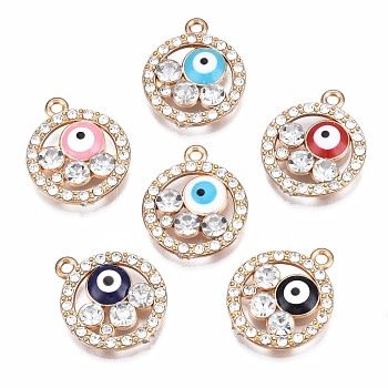 Rack Plating Alloy Enamel Pendants, with Crystal Rhinestone, Cadmium Free & Nickel Free & Lead Free, Flat Round with Eye, Light Gold, Mixed Color, 20x17x3.5mm, Hole: 1.5mm
