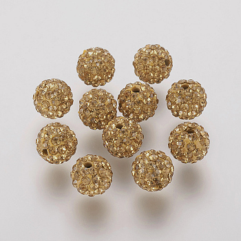 Polymer Clay Rhinestone Beads, Grade A, Round, Pave Disco Ball Beads, Light Colorado Topaz, 10x9.5mm, Hole: 1.5mm