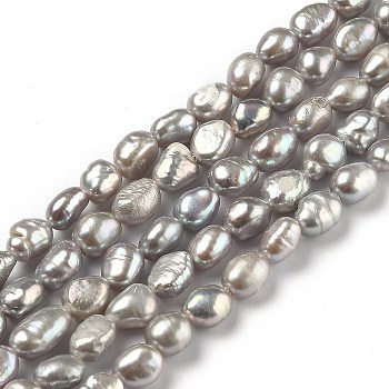 Natural Cultured Freshwater Pearl Beads Strands, Two Sides Polished, Dyed, Gray, 6~8x5.5~6.5mm, Hole: 0.6mm, about 45pcs/strand, 14.37 inch(36.5cm)