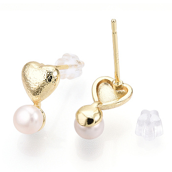 Brass Heart & Natural Pearl Stud Earrings, with 925 Sterling Silver Pins, Real 18K Gold Plated, 11x7mm, Pin: 0.8mm