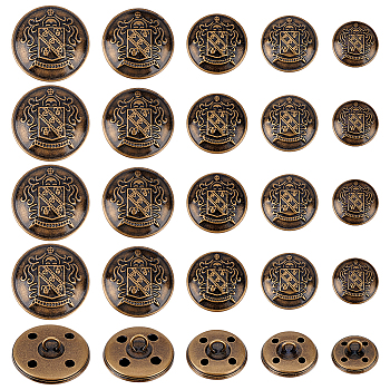 50Pcs 5 Styles 4-Hole Brass Buttons, for Sewing Crafting, Half Round with Badge, Antique Bronze, 14.5~24.5x9~14mm, Hole: 1.8~2x2~3mm, 10pcs/style