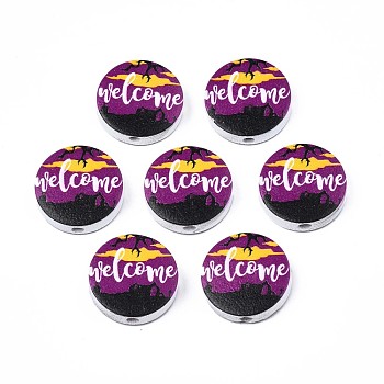 Halloween Printed Natural Wood Beads, Flat Round with Word Welcome, Purple, 19~20x5.9mm, Hole: 2~2.2mm