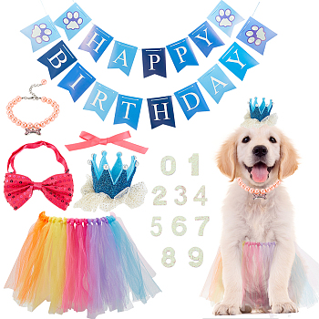 Pet Birthday Party Supplies, Including Paper Banners, Number 0~9 Oxford Cloth Stickers, Crown Lace Mesh Alligator Hair Clips, Adjustable Collar, Dog Dress Skirt, Mixed Color, 200x150x43mm