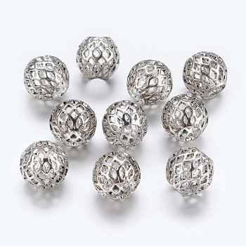 Brass European Beads, Large Hole Hollow Beads, Rondelle with Grid Pattern, Antique Silver, 10x8mm, Hole: 4mm