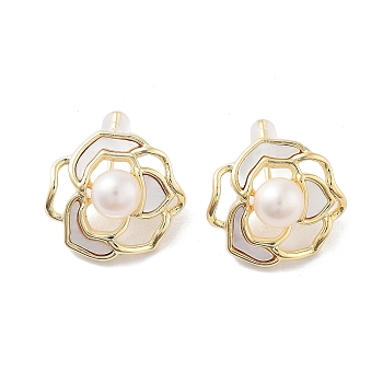 Natural Pearl Flower Stud Earrings with Shell, with 925 Sterling Silver Pins, Real 14K Gold Plated, 15.5x16.5mm