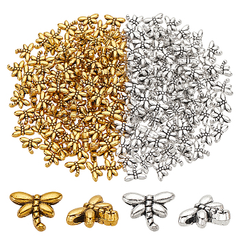 Elite 200Pcs 2 Colors Dragonfly Tibetan Style Alloy Beads, Lead Free & Cadmium Free, Antique Silver & Antique Golden, 6x8mm, Hole: 0.7mm, 100pcs/color