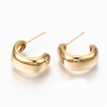 Brass Half Hoop Earrings, Stud Earring, Semicircular, Nickel Free, Real 18K Gold Plated, 20~24x19~21x9.5mm, Pin: 0.7mm