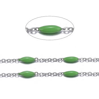 Handmade Enamel Beaded Chains, with Stainless Steel Curb Chains and Spool, Soldered, Stainless Steel Color, Lime Green, 1.5x1x0.1mm, about 32.8 Feet(10m)/roll