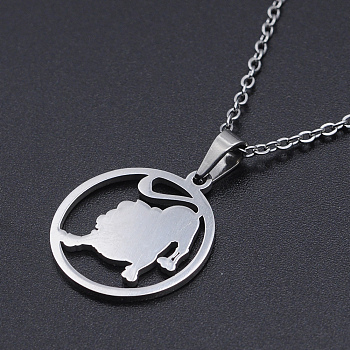 201 Stainless Steel Pendants Necklaces, with Cable Chains and Lobster Claw Clasps, Flat Round with Constellation/Zodiac Sign, Leo, 15-3/4 inch(40cm), 1.5mm