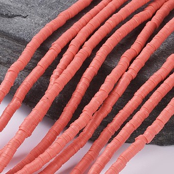 Flat Round Eco-Friendly Handmade Polymer Clay Bead Spacers, Light Coral, 4x1mm, Hole: 1mm, about 380~400pcs/strand, 17.7 inch