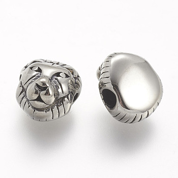 304 Stainless Steel Beads, Lion Head, Antique Silver, 12x11x8mm, Hole: 3mm