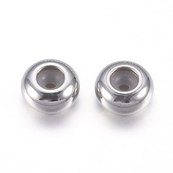 304 Stainless Steel Beads, with Rubber, Slider Stopper Beads, Rondelle, Stainless Steel Color, 8x4mm, Rubber Hole: 2mm