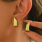 Geometric Stainless Steel Triple Stud Earrings, Golden, 20x7mm(BI1243)