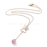 Pendant Necklaces, with Glass Pearl Round Beads, Iron Bar Links, Brass Pendant, Cable Chain and Lobster Claw Clasps, Butterfly, Pearl Pink, 20.67 inch(52.5cm)(NJEW-JN02676-05)