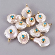 Natural Cultured Freshwater Pearl Pendants, with Brass Micro Pave Cubic Zirconia Cabochons, Long-Lasting Plated, Real 18K Gold Plated, Deep Sky Blue, 16~22.5x10~14mm, Hole: 1.4mm(PEAR-F008-31G-04)
