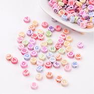 Initial Acrylic Beads, Flat Round, Mixed Color, about 7mm in diameter, 3.5mm thick, hole: 2mm, about 3300pcs/500g(PL085)