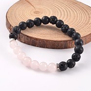 Natural Lava Rock Beaded Stretch Bracelets, with Rose Quartz Beads and Brass Findings, Platinum, 58mm(BJEW-JB02184-01)